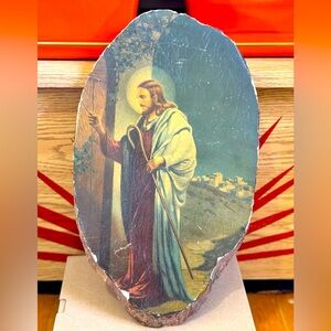 “Behold I Stand at the Door and Knock” Vintage Wood Slice Decoupage Picture